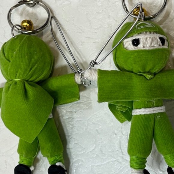 TWO Ninja String Doll Keychain Toys w/Swords Lime Green 2.5" x 3" NEW - Picture 8 of 8